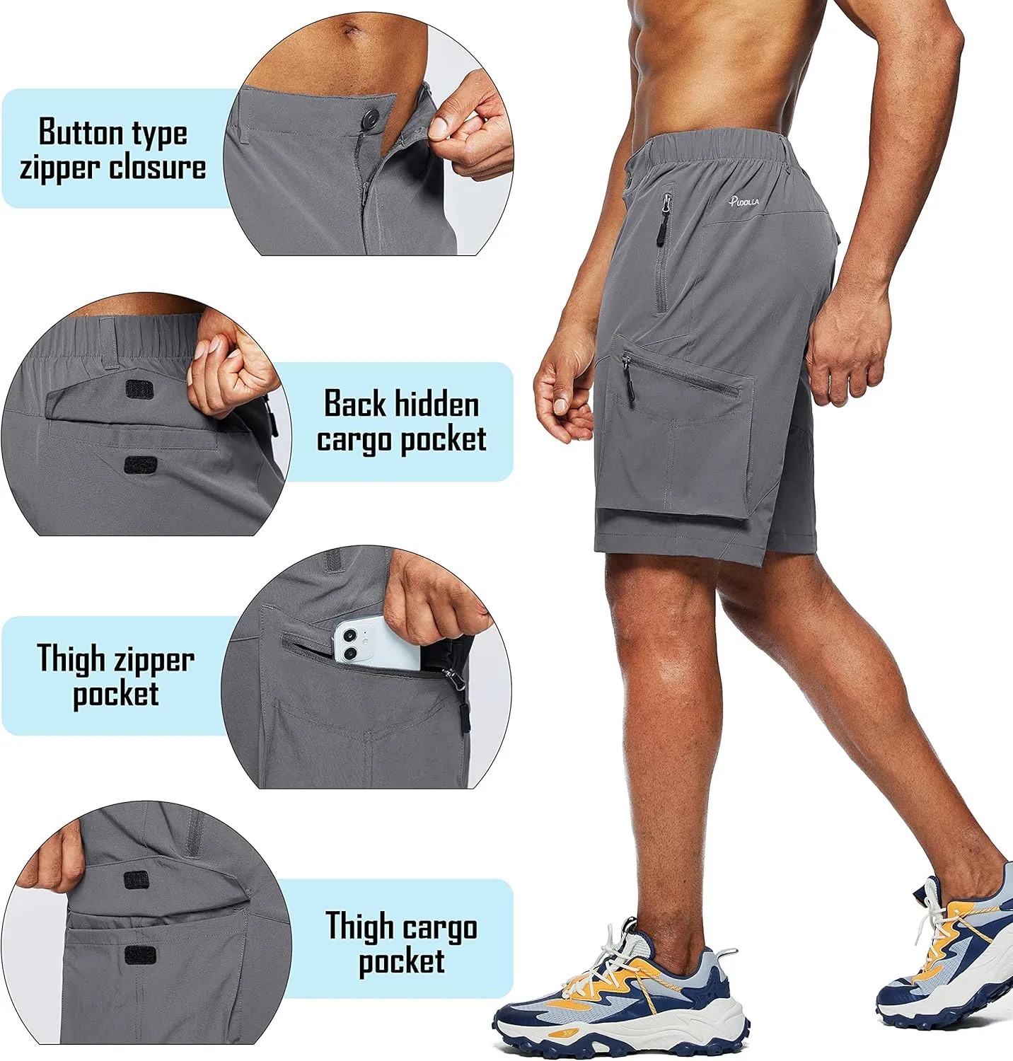 Pudolla Men's Hiking Cargo Shorts Quick Dry Outdoor Travel Shorts for Men with Multi Pocket for Fishing Camping Casual