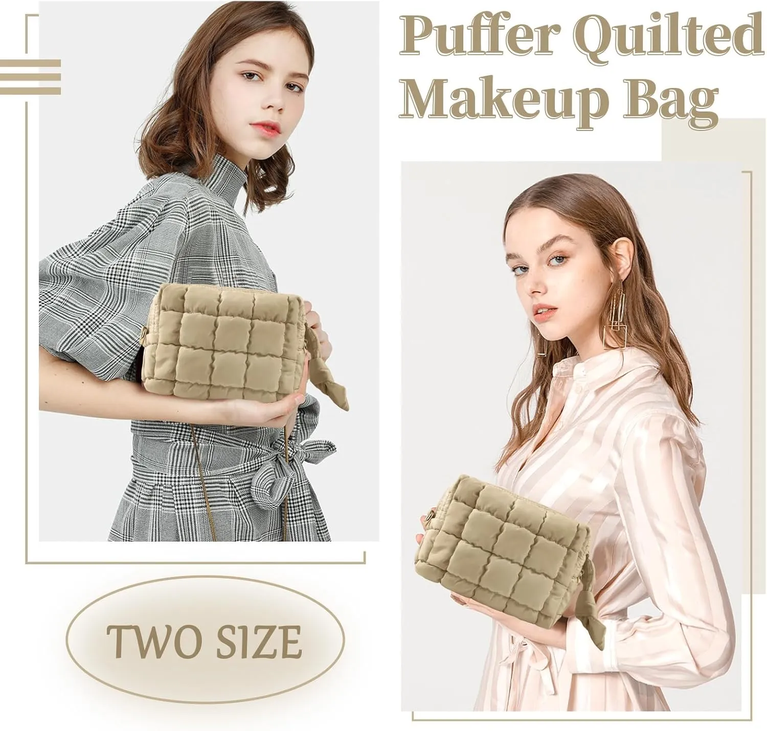 Puffer Quilted Makeup Bag Cosmetic Bags,Puffy Travel Toiletry Pouch for Women,Cute Checkered Zipper Bag Travel Essential,Portable Aesthetic Make up Organizer Bag for Gifts Work Daily(Khaki,S)