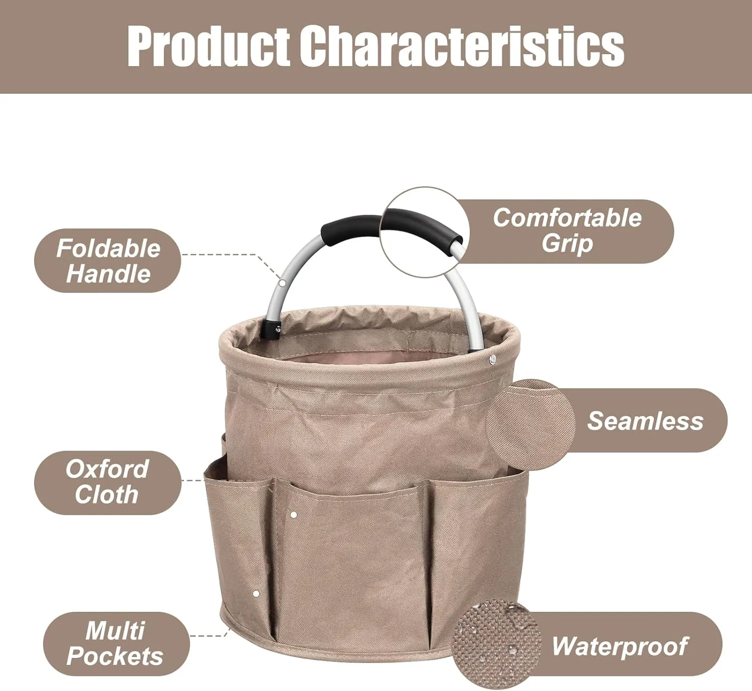 Qivine 17L Cleaning Caddy with Handle, Cleaning Supply Caddy Foldable Cleaning Caddy Cleaning Products Organizers Portable Cleaning Bucket Organiser for Storing Towels (Khaki)