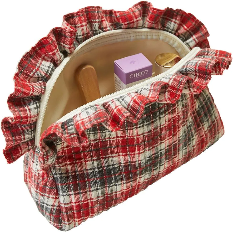 Quilted Cosmetic Bag for Women Travel Toiletry Bags Scottish Buffalo Plaid Makeup Bag Puffy Pouch