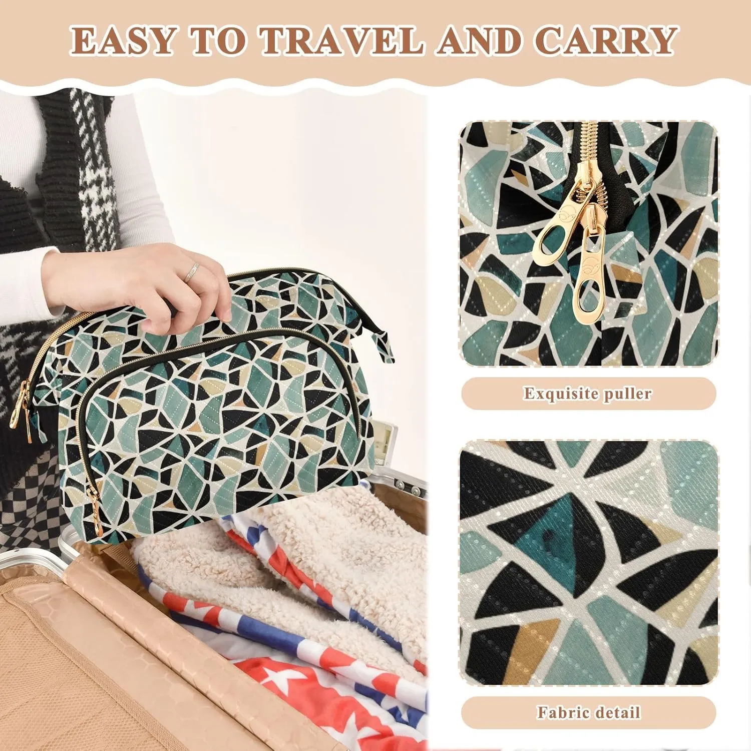 Quilted Makeup Bag for Travel with Padded Rectangular Design Spacious Capacity