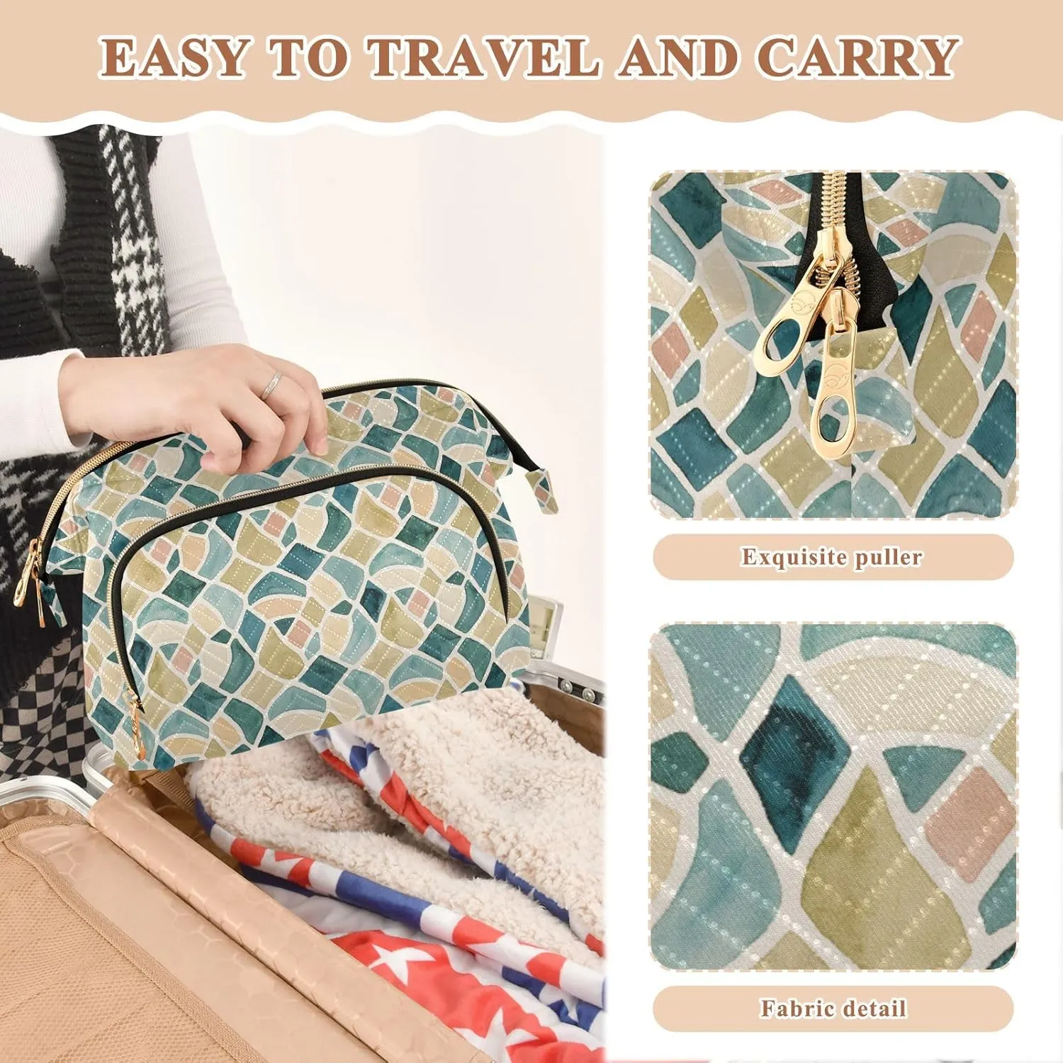 Quilted Makeup Bag for Travel with Padded Rectangular Design Spacious Capacity