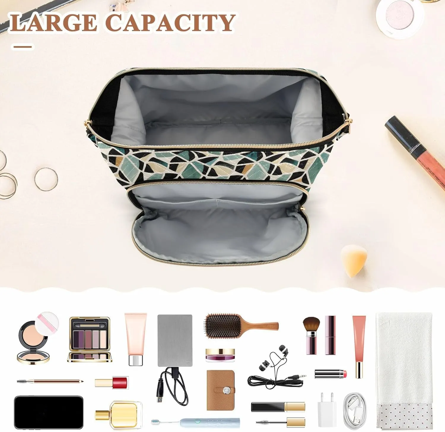Quilted Makeup Bag for Travel with Padded Rectangular Design Spacious Capacity