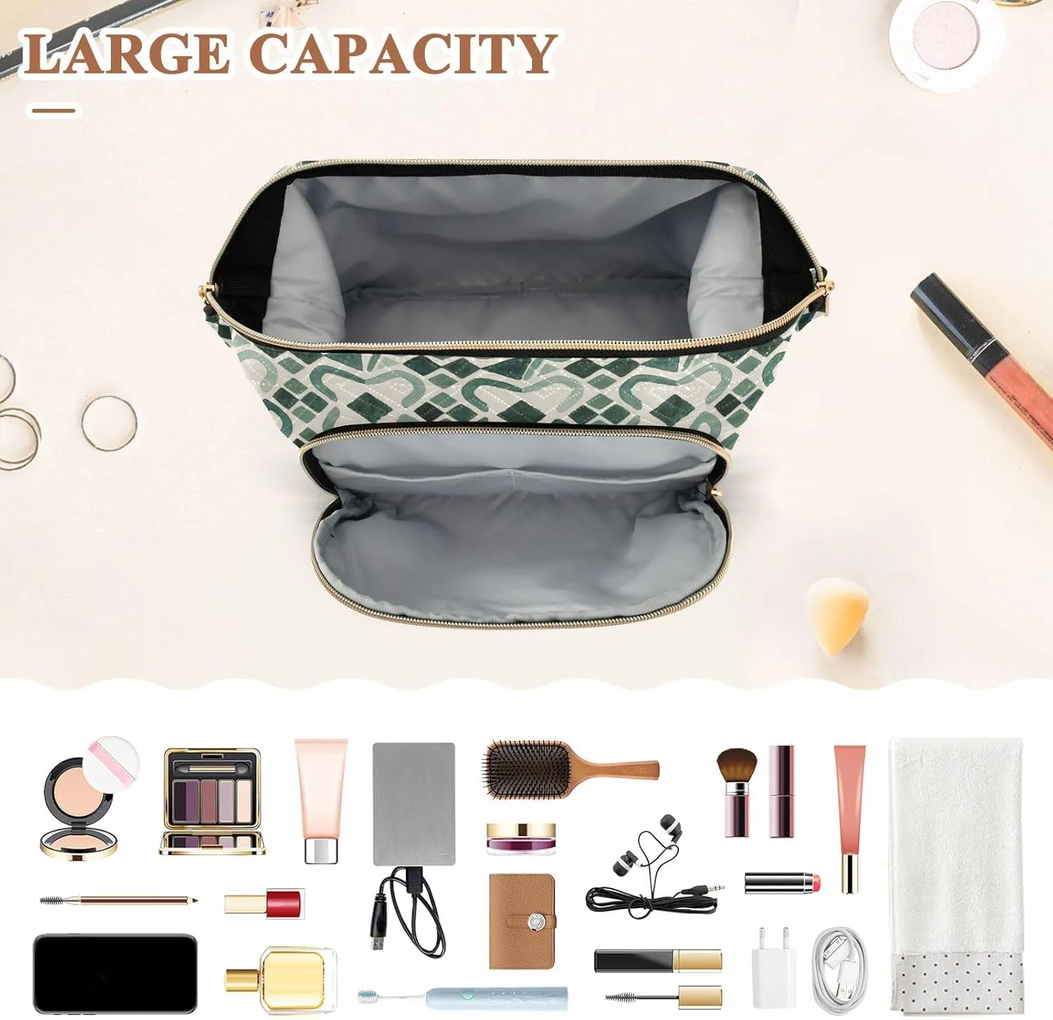 Quilted Makeup Bag for Travel with Padded Rectangular Design Spacious Capacity