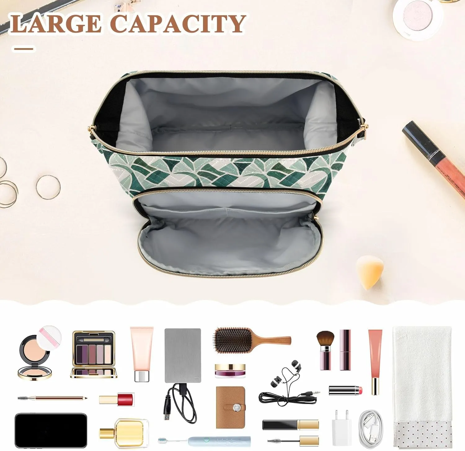 Quilted Makeup Bag for Travel with Padded Rectangular Design Spacious Capacity