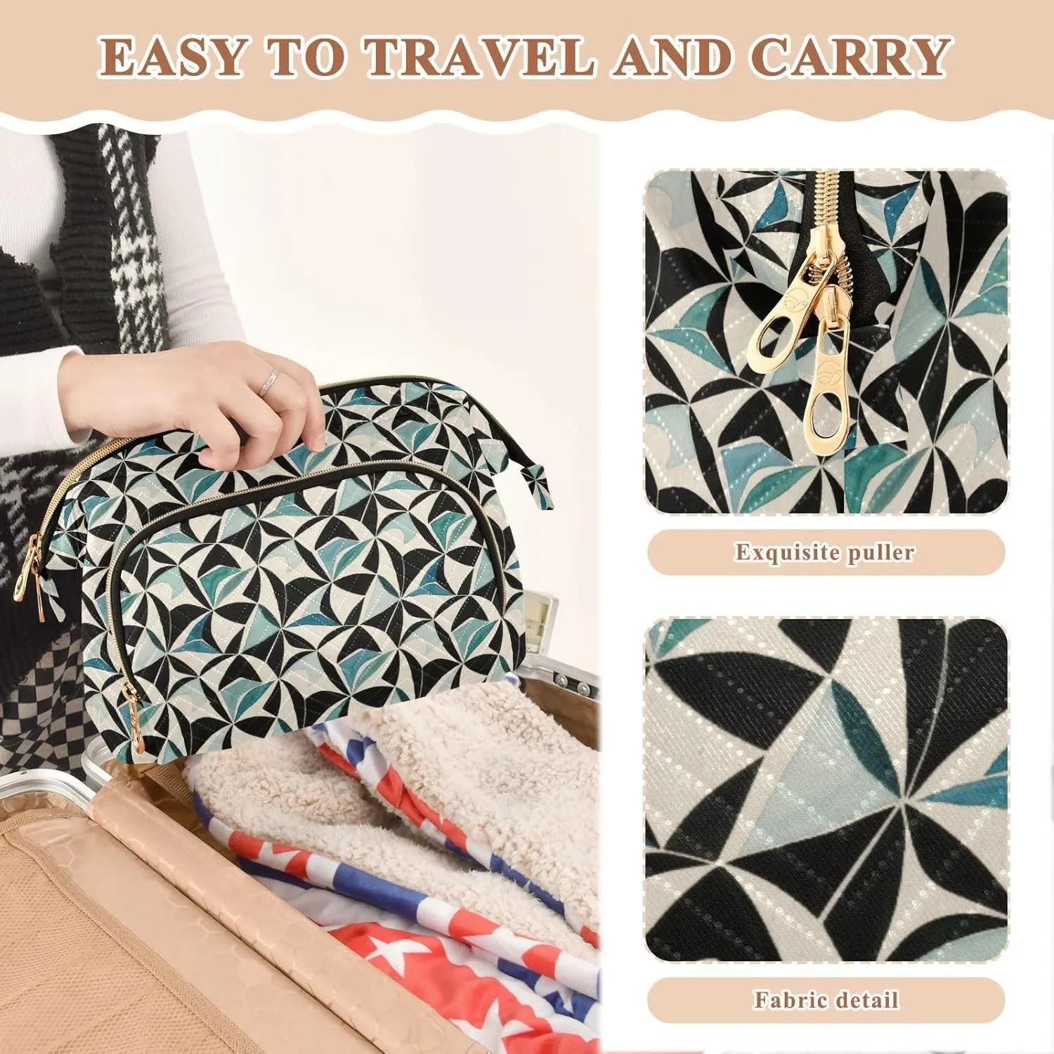 Quilted Makeup Bag for Travel with Padded Rectangular Design Spacious Capacity