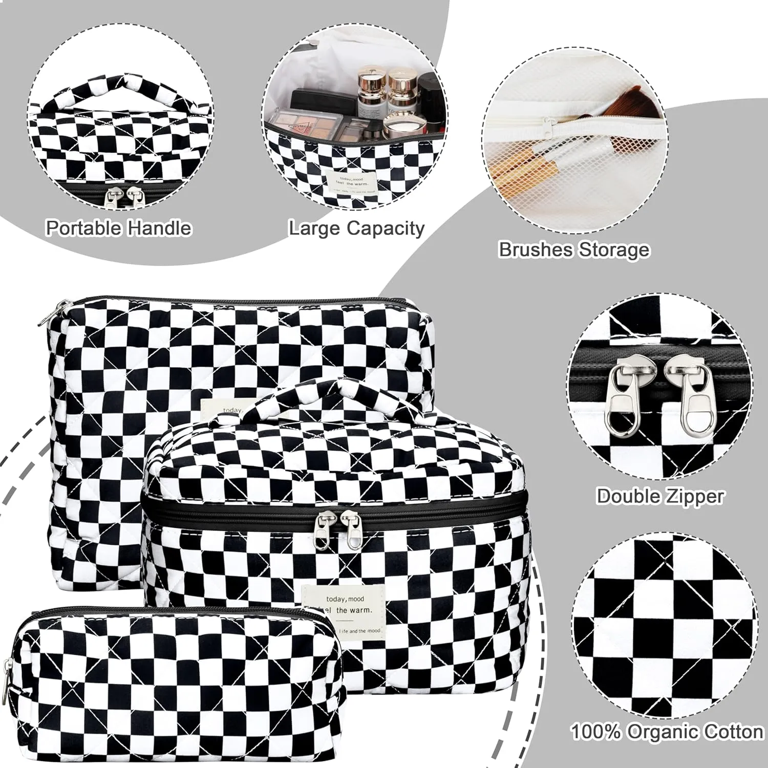 Quilted Makeup Bag Set - 3 PCS Cute Floral Cotton Makeup Bag, Large Coquette Aesthetic Make up Cosmetic Bag, Flower Travel Toiletry Organizer Bags for Women Girls (Checkered Black)