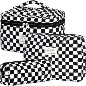 Quilted Makeup Bag Set - 3 PCS Cute Floral Cotton Makeup Bag, Large Coquette Aesthetic Make up Cosmetic Bag, Flower Travel Toiletry Organizer Bags for Women Girls (Checkered Black)