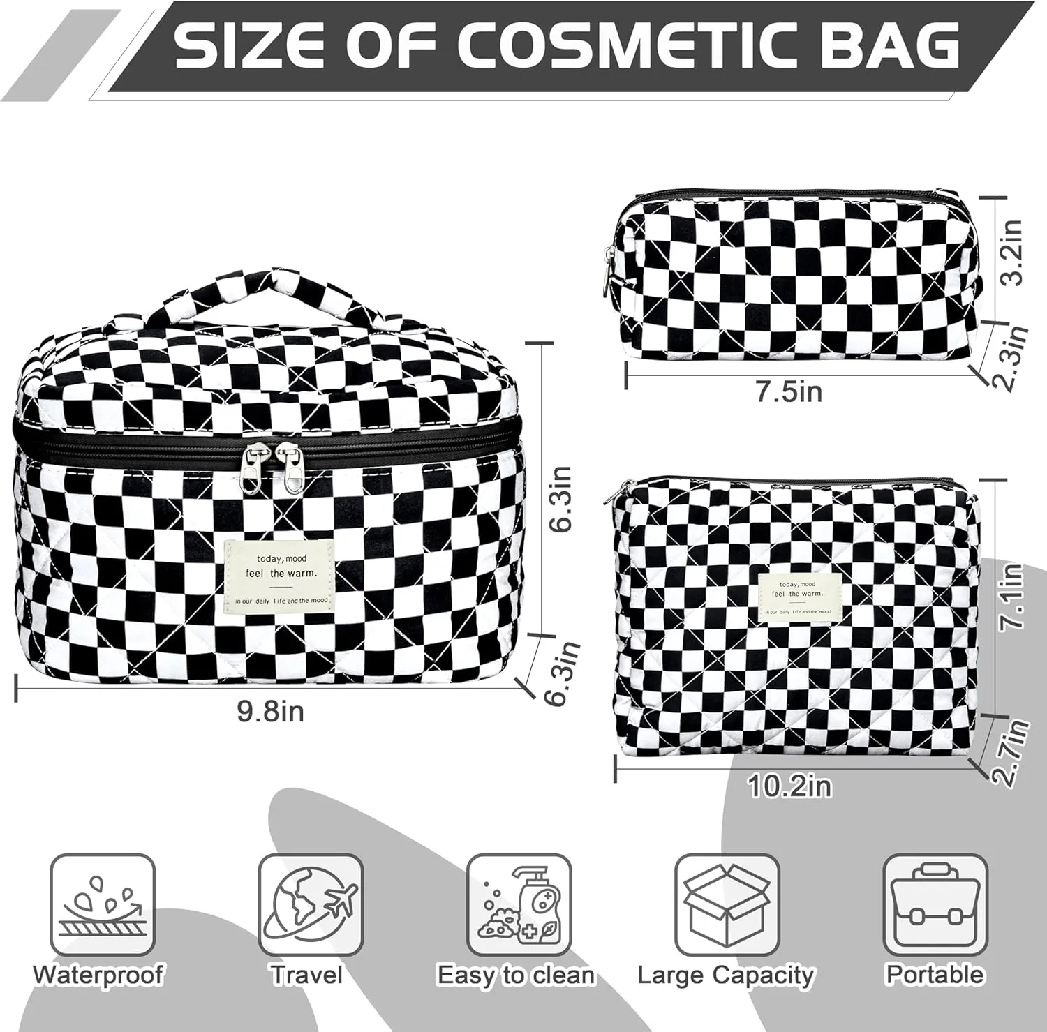 Quilted Makeup Bag Set - 3 PCS Cute Floral Cotton Makeup Bag, Large Coquette Aesthetic Make up Cosmetic Bag, Flower Travel Toiletry Organizer Bags for Women Girls (Checkered Black)