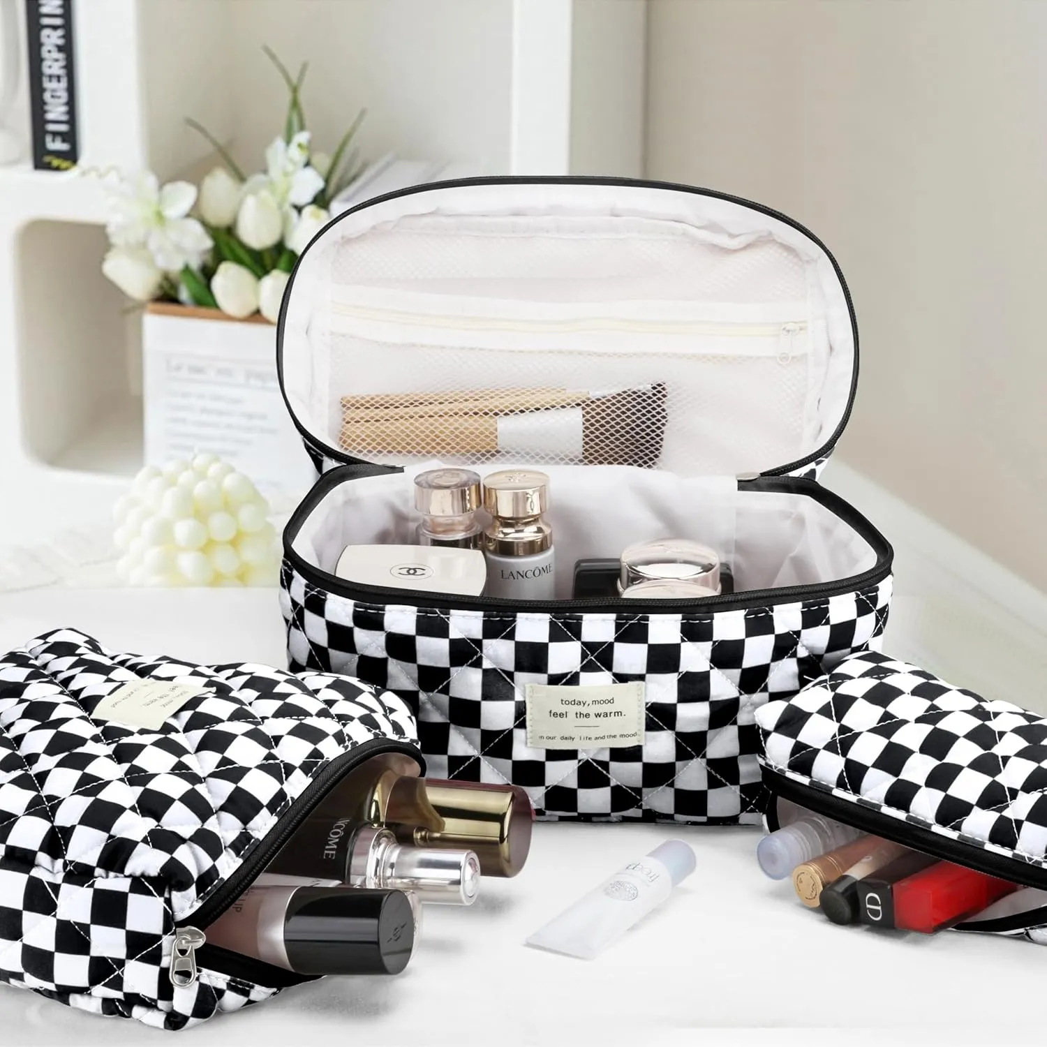 Quilted Makeup Bag Set - 3 PCS Cute Floral Cotton Makeup Bag, Large Coquette Aesthetic Make up Cosmetic Bag, Flower Travel Toiletry Organizer Bags for Women Girls (Checkered Black)