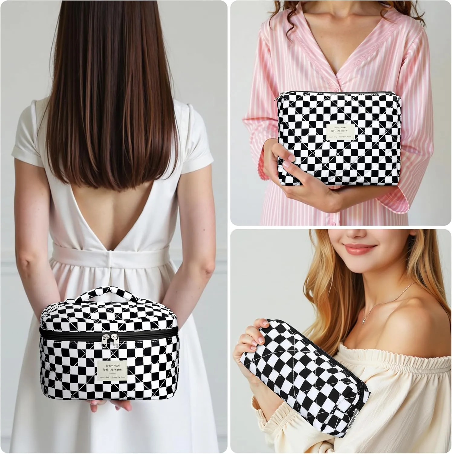 Quilted Makeup Bag Set - 3 PCS Cute Floral Cotton Makeup Bag, Large Coquette Aesthetic Make up Cosmetic Bag, Flower Travel Toiletry Organizer Bags for Women Girls (Checkered Black)