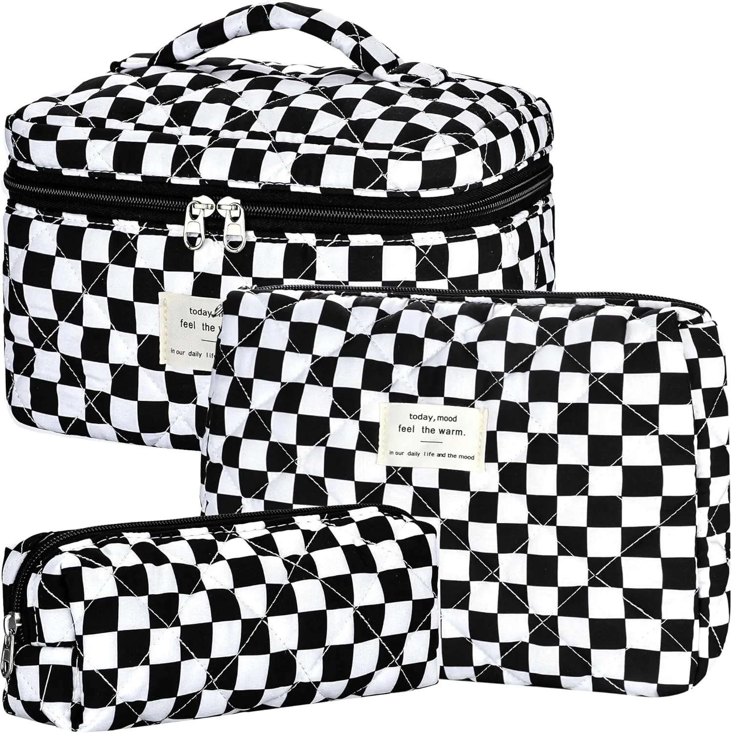 Quilted Makeup Bag Set - 3 PCS Cute Floral Cotton Makeup Bag, Large Coquette Aesthetic Make up Cosmetic Bag, Flower Travel Toiletry Organizer Bags for Women Girls (Checkered Black)