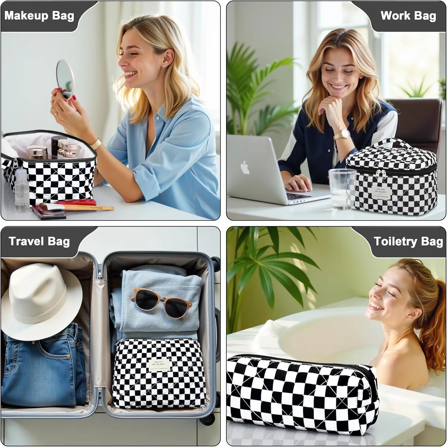 Quilted Makeup Bag Set - 3 PCS Cute Floral Cotton Makeup Bag, Large Coquette Aesthetic Make up Cosmetic Bag, Flower Travel Toiletry Organizer Bags for Women Girls (Checkered Black)