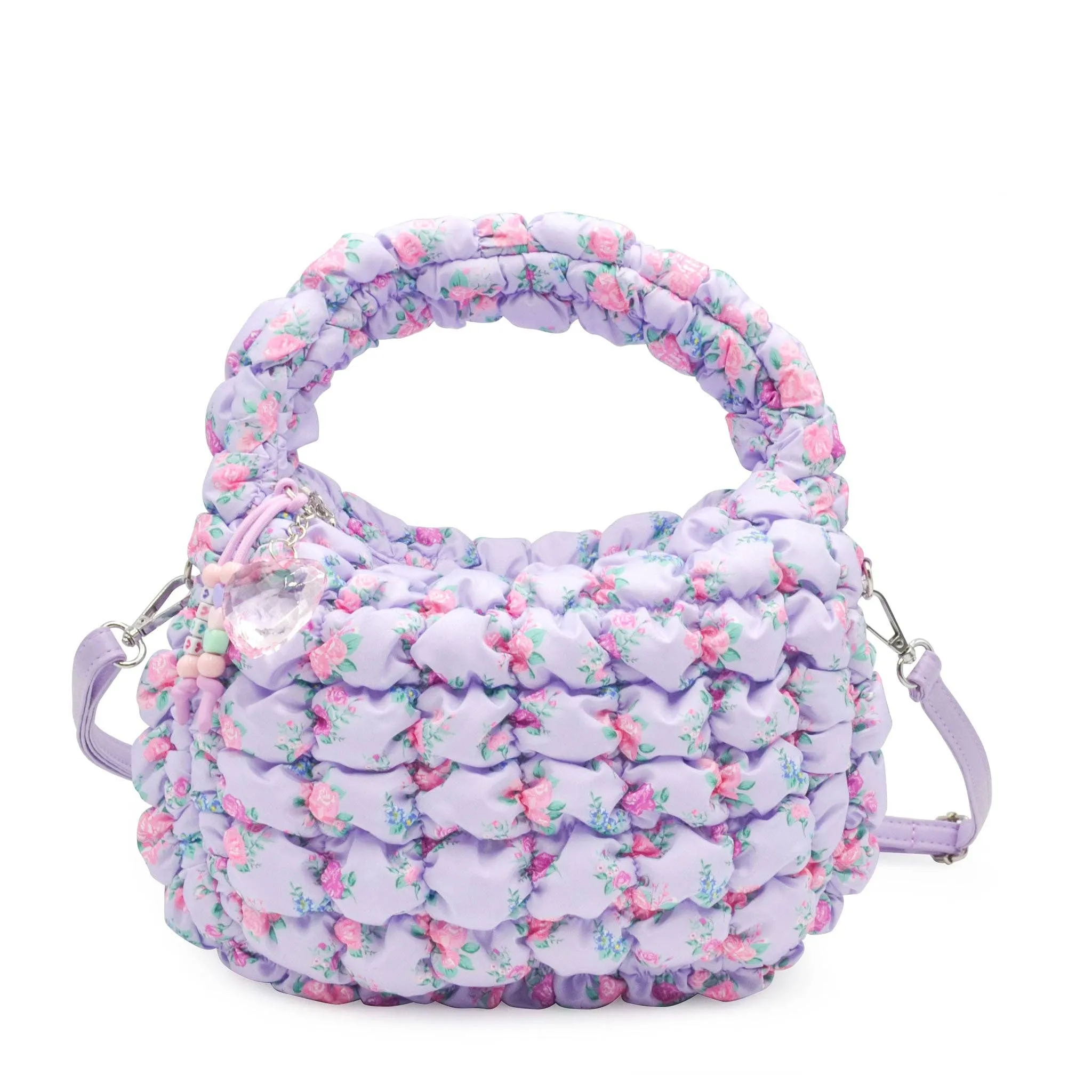 Quilted Scrunchies Floral Printed Mini Hobo Crossbody Bag: Lavender Floral Print Scrunch