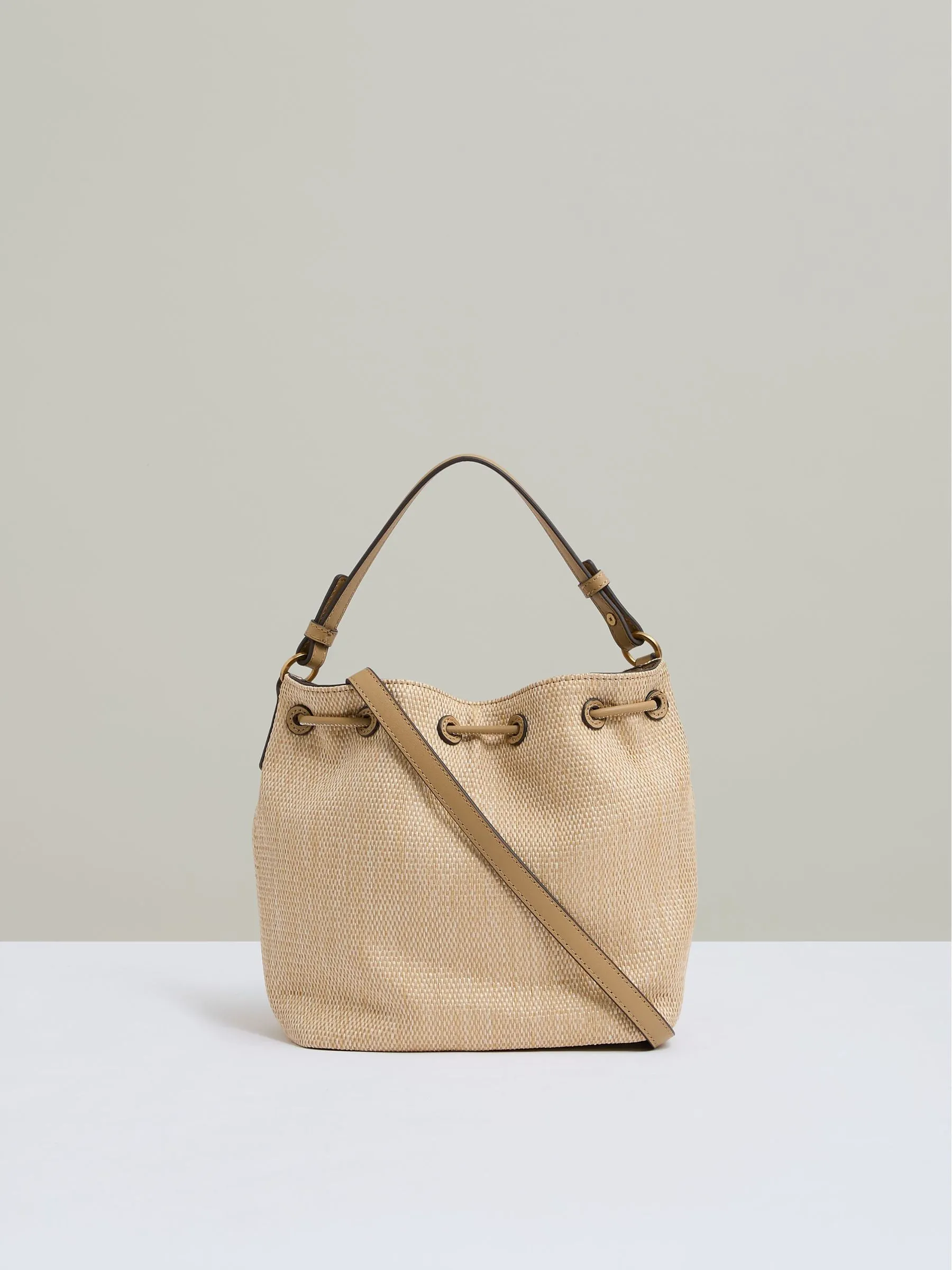 Raffia Drawcord Bucket Bag in Natural