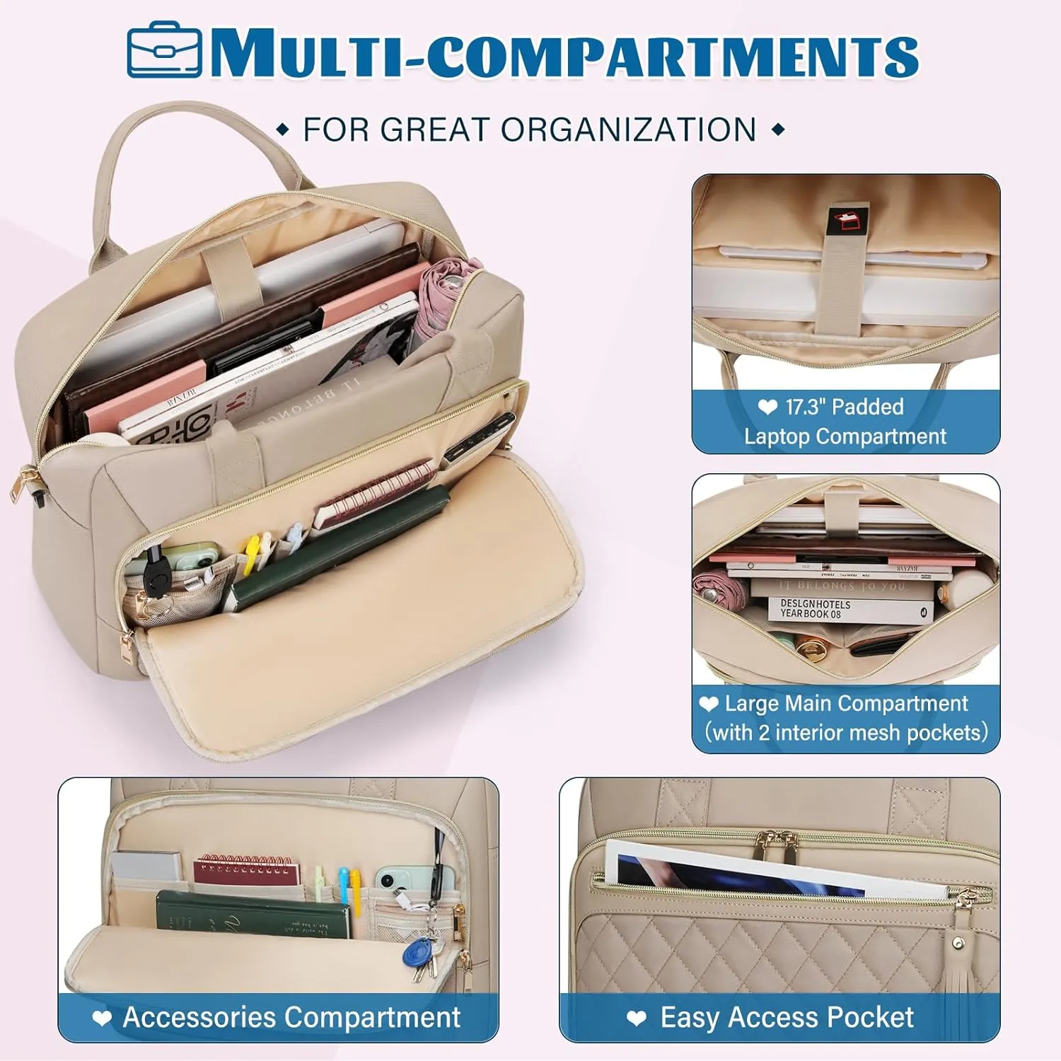 RAINSMORE Laptop Bag 17.3 Inch Briefcase for Women Waterproof Computer Messenger Shoulder Bags Large Laptop Case for Work Business Office Travel College, Khaki