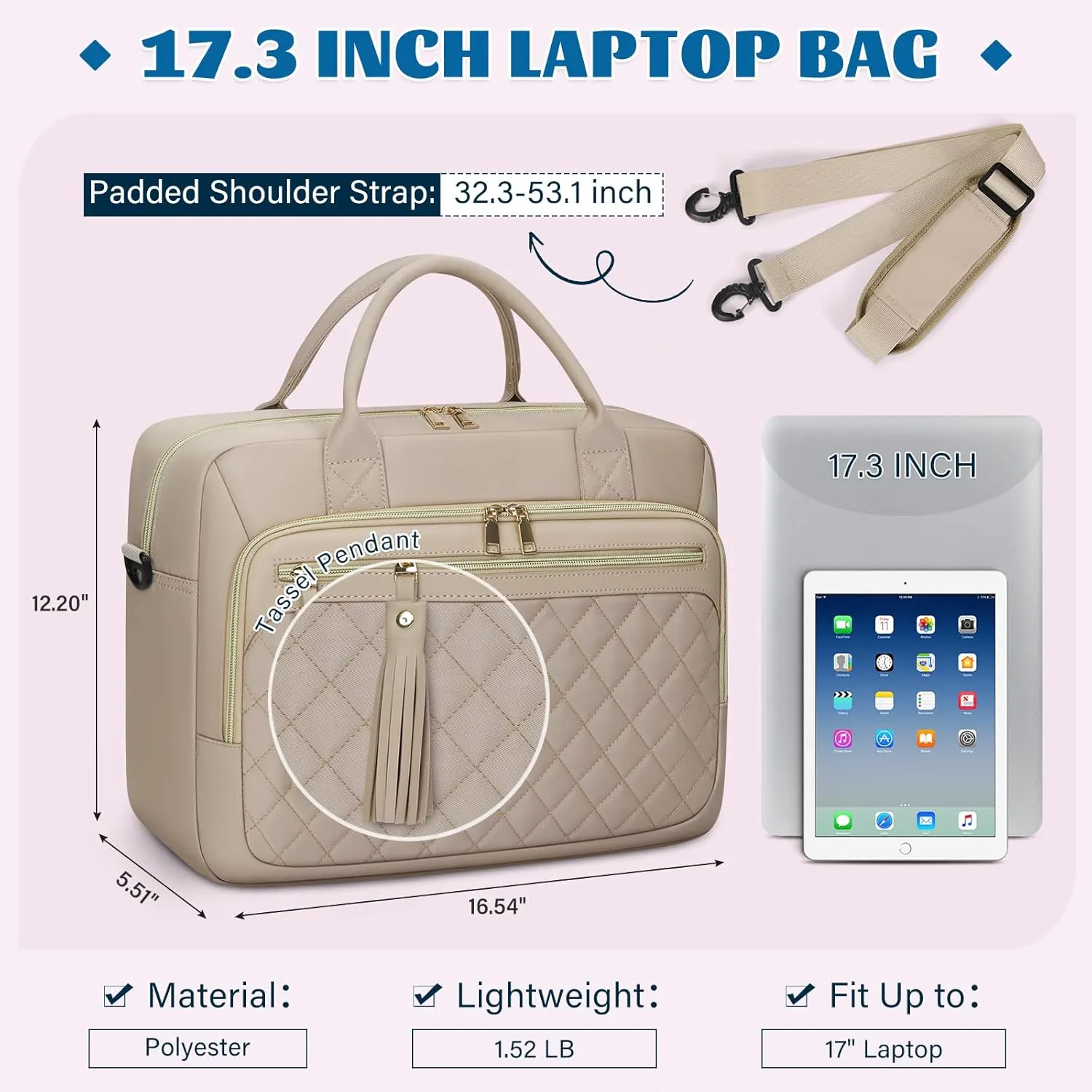 RAINSMORE Laptop Bag 17.3 Inch Briefcase for Women Waterproof Computer Messenger Shoulder Bags Large Laptop Case for Work Business Office Travel College, Khaki
