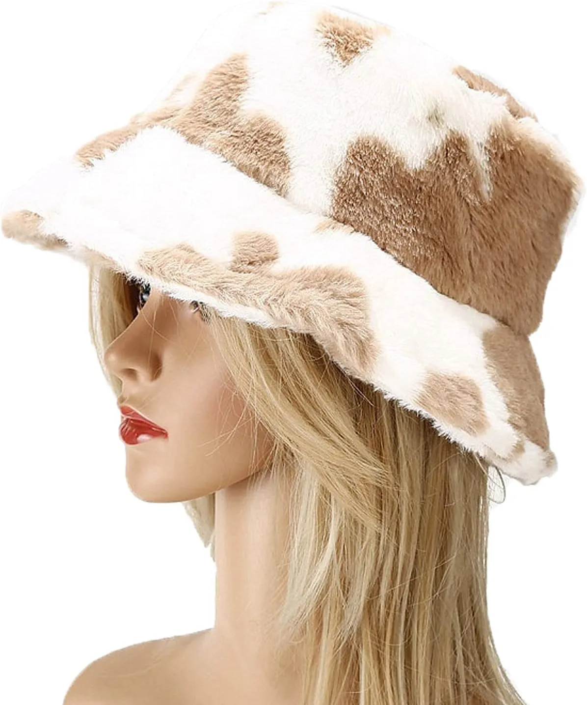 Ralcosuss Women Girls Milk Cow Print Faux Fur Bucket Hats Winter Outdoor Fluffy Warm Fisherman Caps