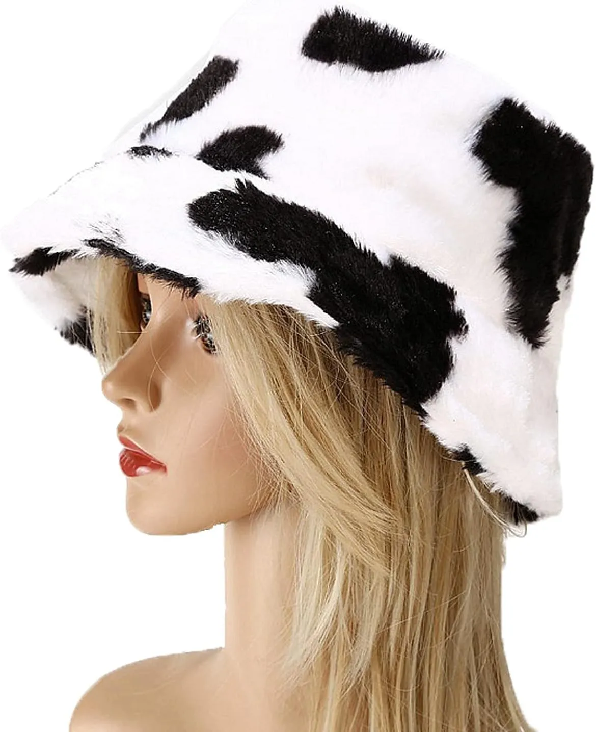 Ralcosuss Women Girls Milk Cow Print Faux Fur Bucket Hats Winter Outdoor Fluffy Warm Fisherman Caps