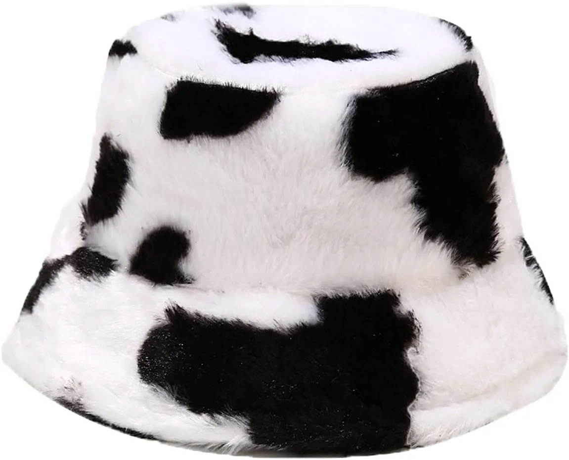 Ralcosuss Women Girls Milk Cow Print Faux Fur Bucket Hats Winter Outdoor Fluffy Warm Fisherman Caps