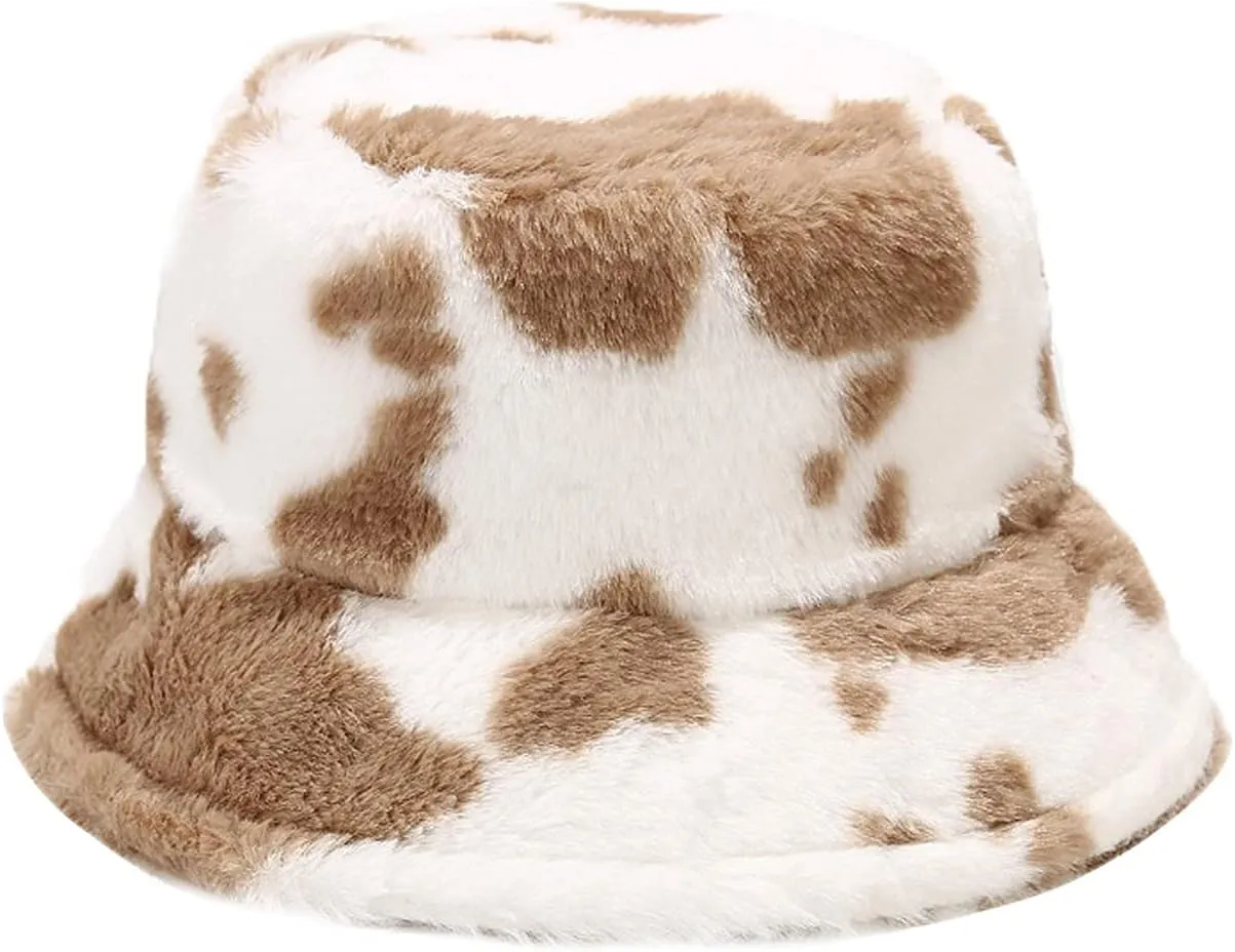 Ralcosuss Women Girls Milk Cow Print Faux Fur Bucket Hats Winter Outdoor Fluffy Warm Fisherman Caps