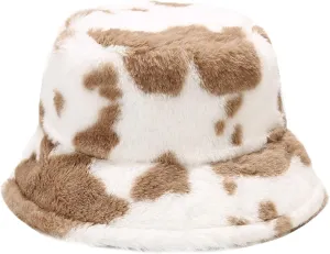 Ralcosuss Women Girls Milk Cow Print Faux Fur Bucket Hats Winter Outdoor Fluffy Warm Fisherman Caps