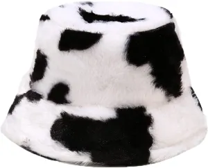 Ralcosuss Women Girls Milk Cow Print Faux Fur Bucket Hats Winter Outdoor Fluffy Warm Fisherman Caps