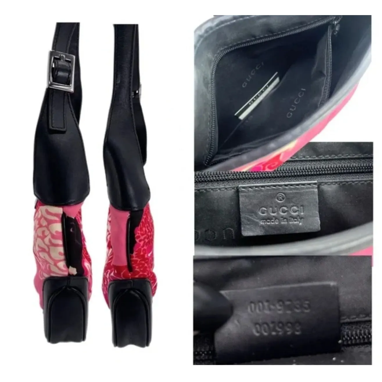 RARE, Tom Ford 1999 Gucci, pink & red 60's abstract floral print & black leather, Jackie hobo style purse with a chrome push lock closure,