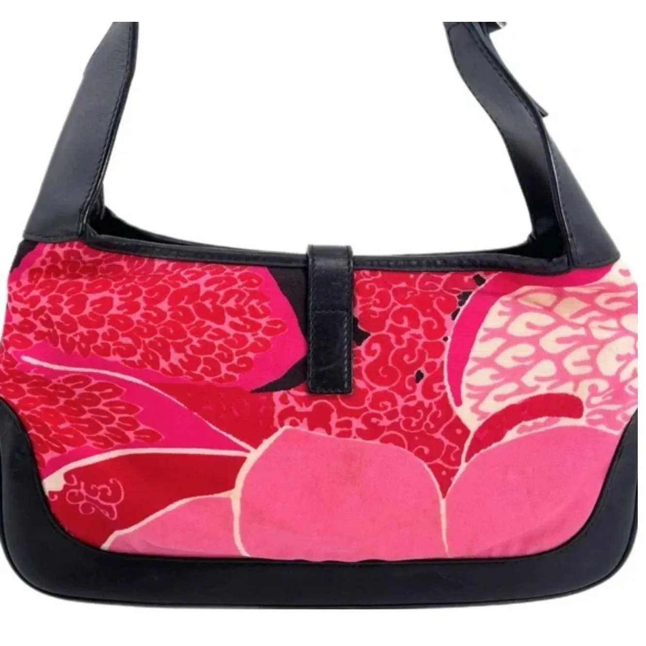 RARE, Tom Ford 1999 Gucci, pink & red 60's abstract floral print & black leather, Jackie hobo style purse with a chrome push lock closure,
