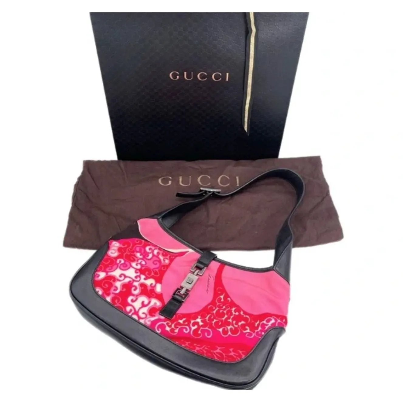 RARE, Tom Ford 1999 Gucci, pink & red 60's abstract floral print & black leather, Jackie hobo style purse with a chrome push lock closure,