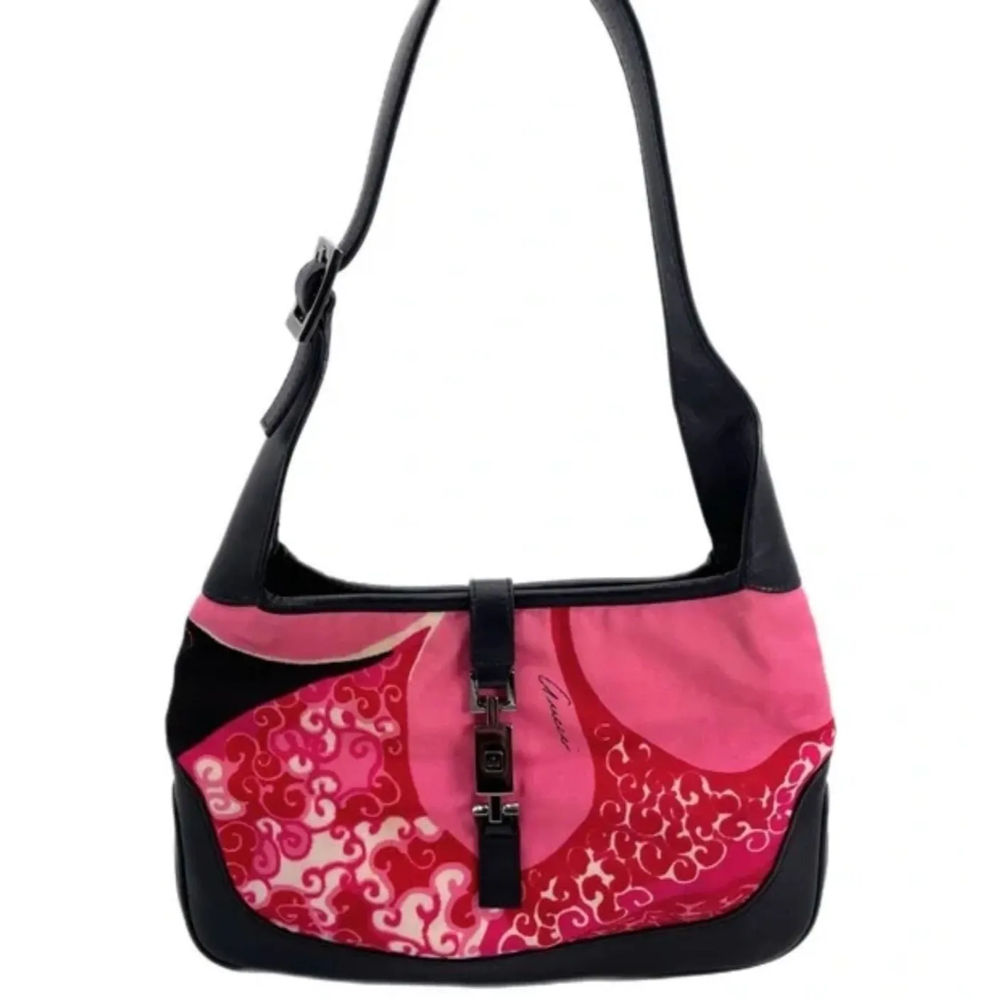 RARE, Tom Ford 1999 Gucci, pink & red 60's abstract floral print & black leather, Jackie hobo style purse with a chrome push lock closure,