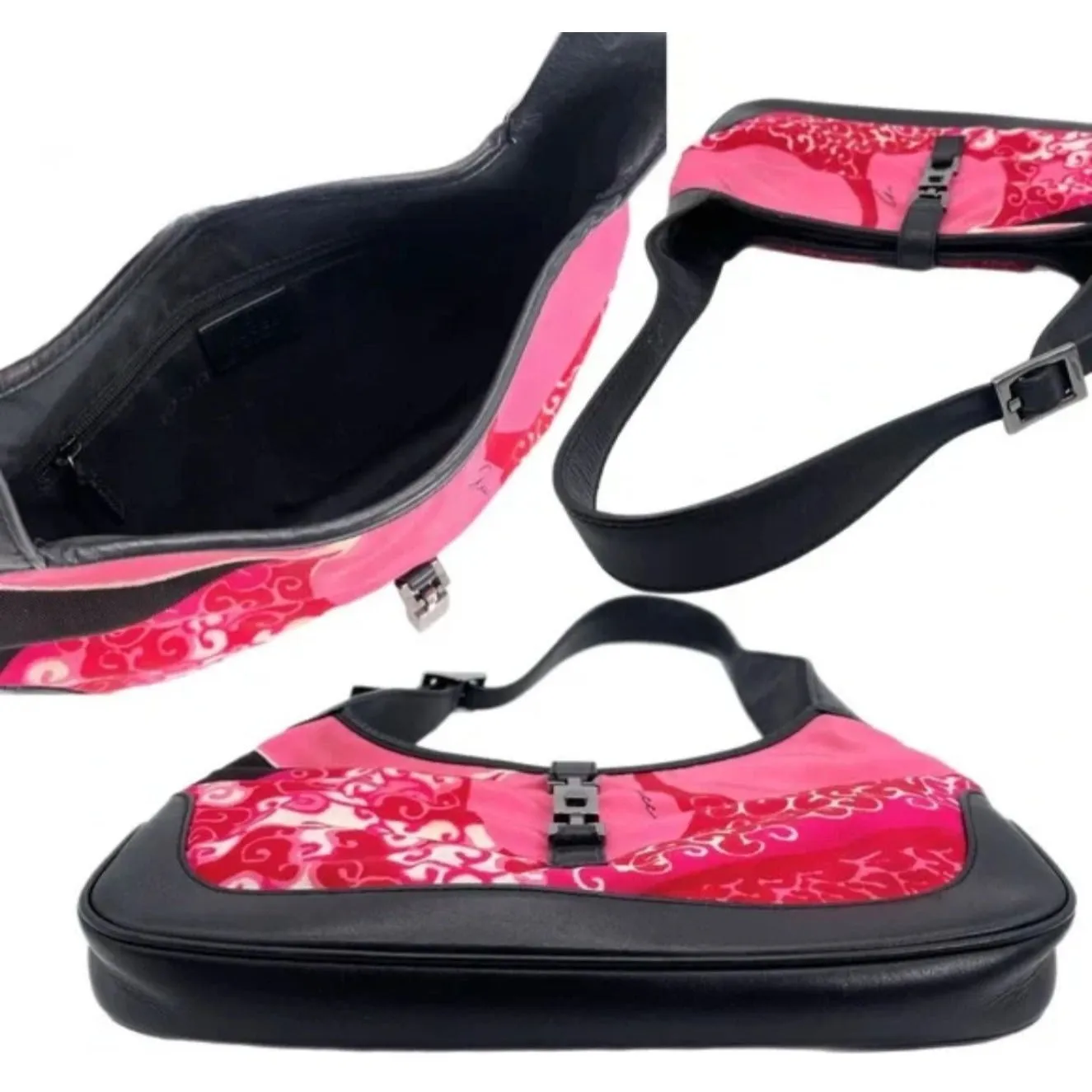 RARE, Tom Ford 1999 Gucci, pink & red 60's abstract floral print & black leather, Jackie hobo style purse with a chrome push lock closure,