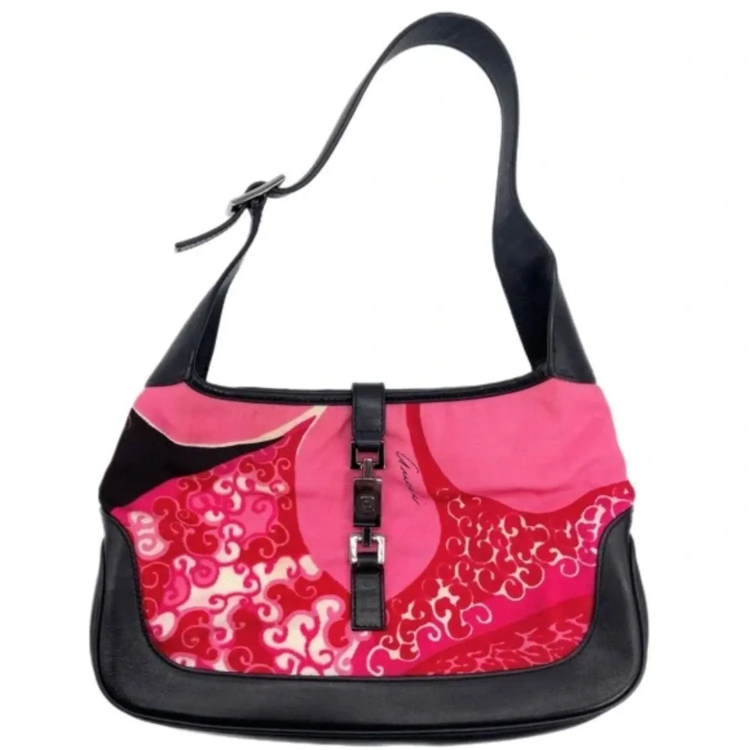 RARE, Tom Ford 1999 Gucci, pink & red 60's abstract floral print & black leather, Jackie hobo style purse with a chrome push lock closure,