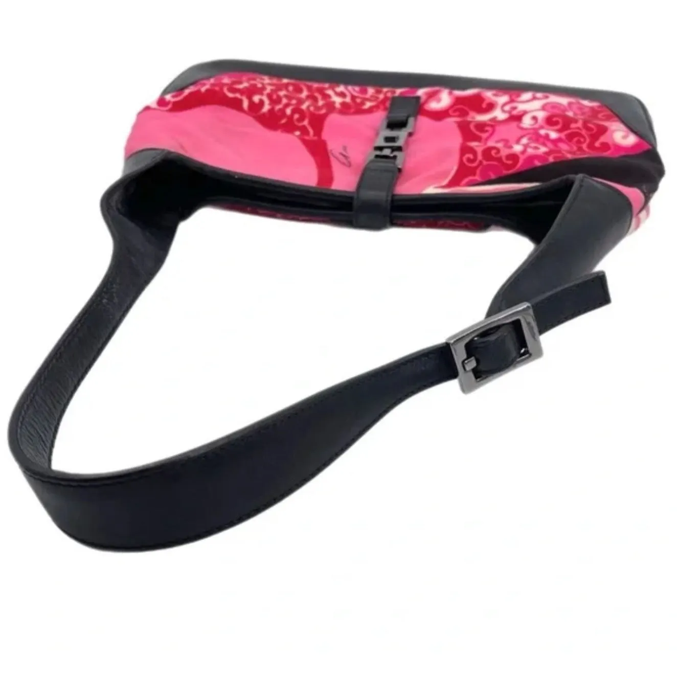 RARE, Tom Ford 1999 Gucci, pink & red 60's abstract floral print & black leather, Jackie hobo style purse with a chrome push lock closure,