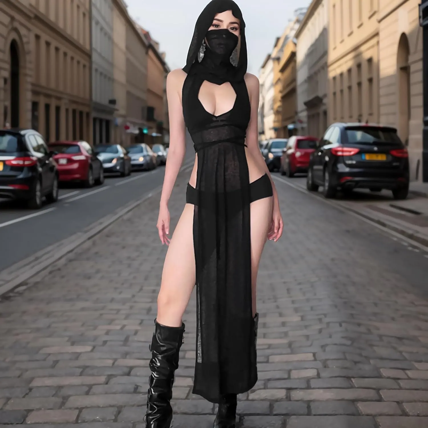 Rave Costume Women Streetwear Sexy High Split Hooded Dress Festival Rave Outfits Black Dress Cover Ups