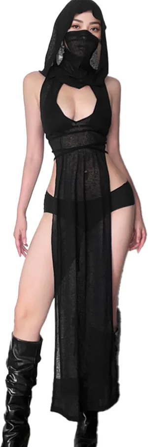 Rave Costume Women Streetwear Sexy High Split Hooded Dress Festival Rave Outfits Black Dress Cover Ups