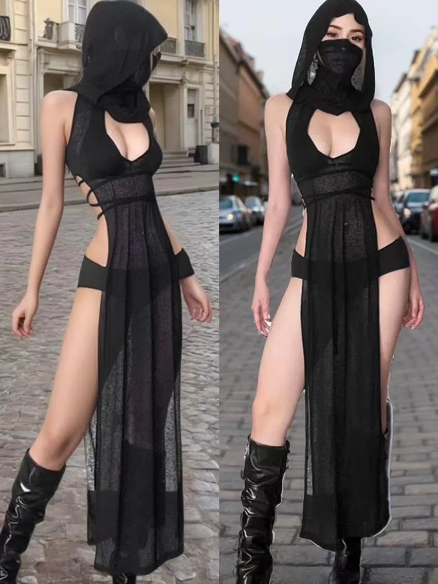 Rave Costume Women Streetwear Sexy High Split Hooded Dress Festival Rave Outfits Black Dress Cover Ups