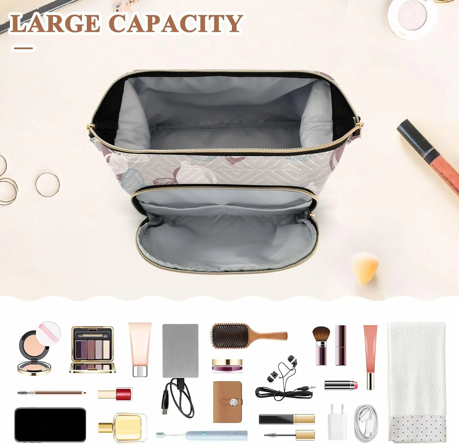 Rectangular Quilted Cosmetic Bag Spacious Travel Makeup Organizer Puffy Padding