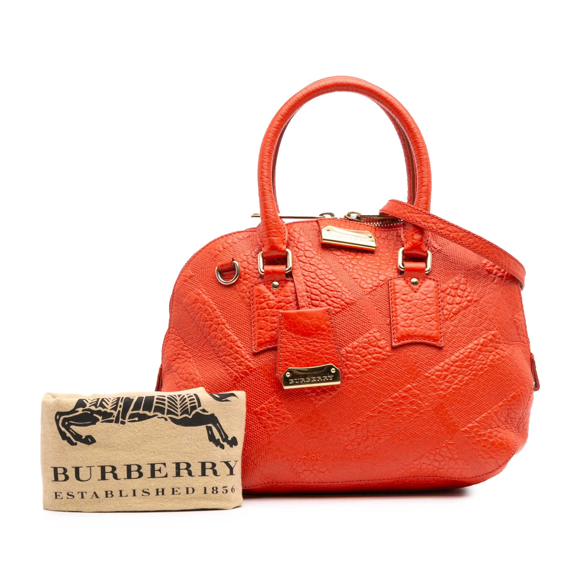 Red Burberry Heritage Grain Check Embossed Orchard Bowling Bag Satchel