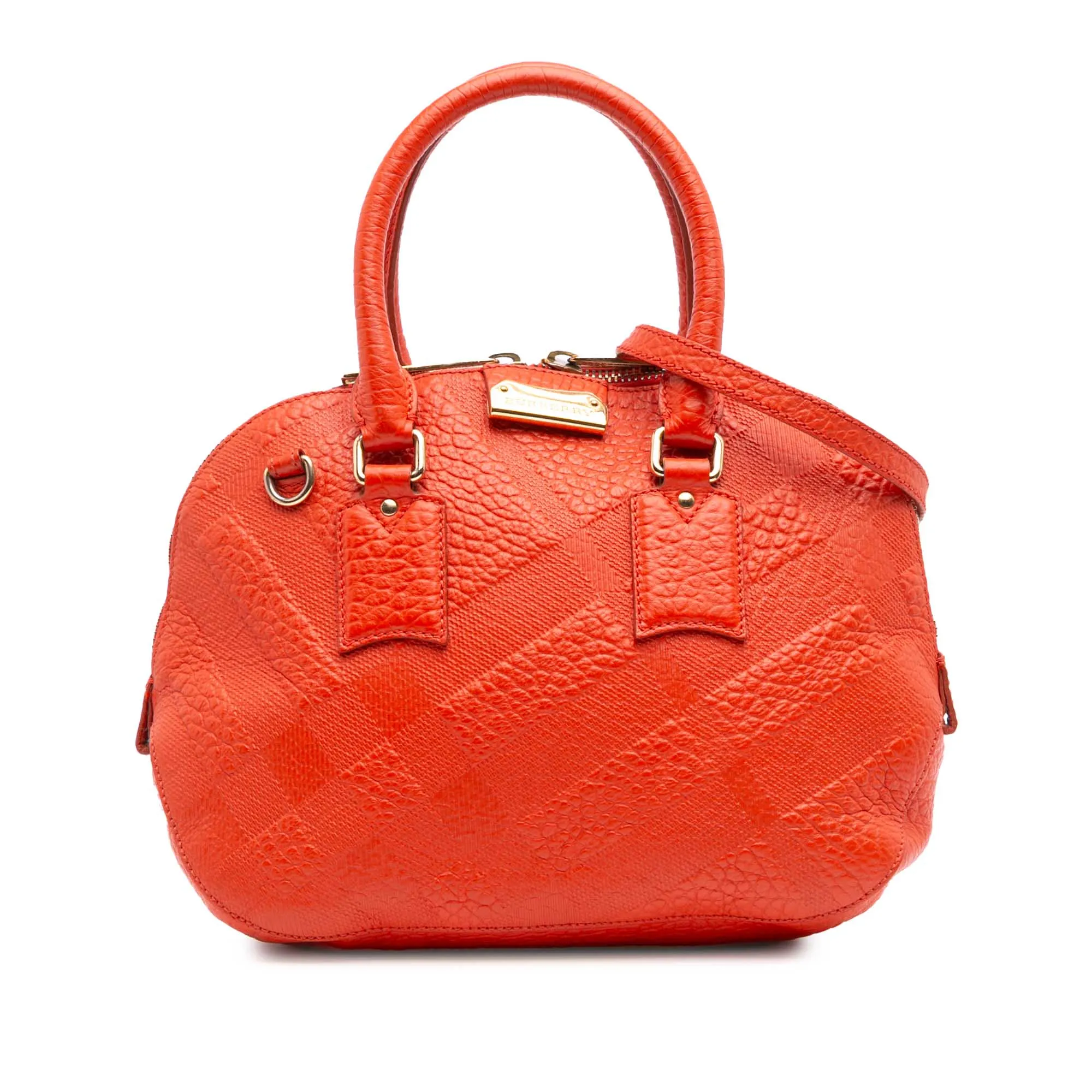 Red Burberry Heritage Grain Check Embossed Orchard Bowling Bag Satchel