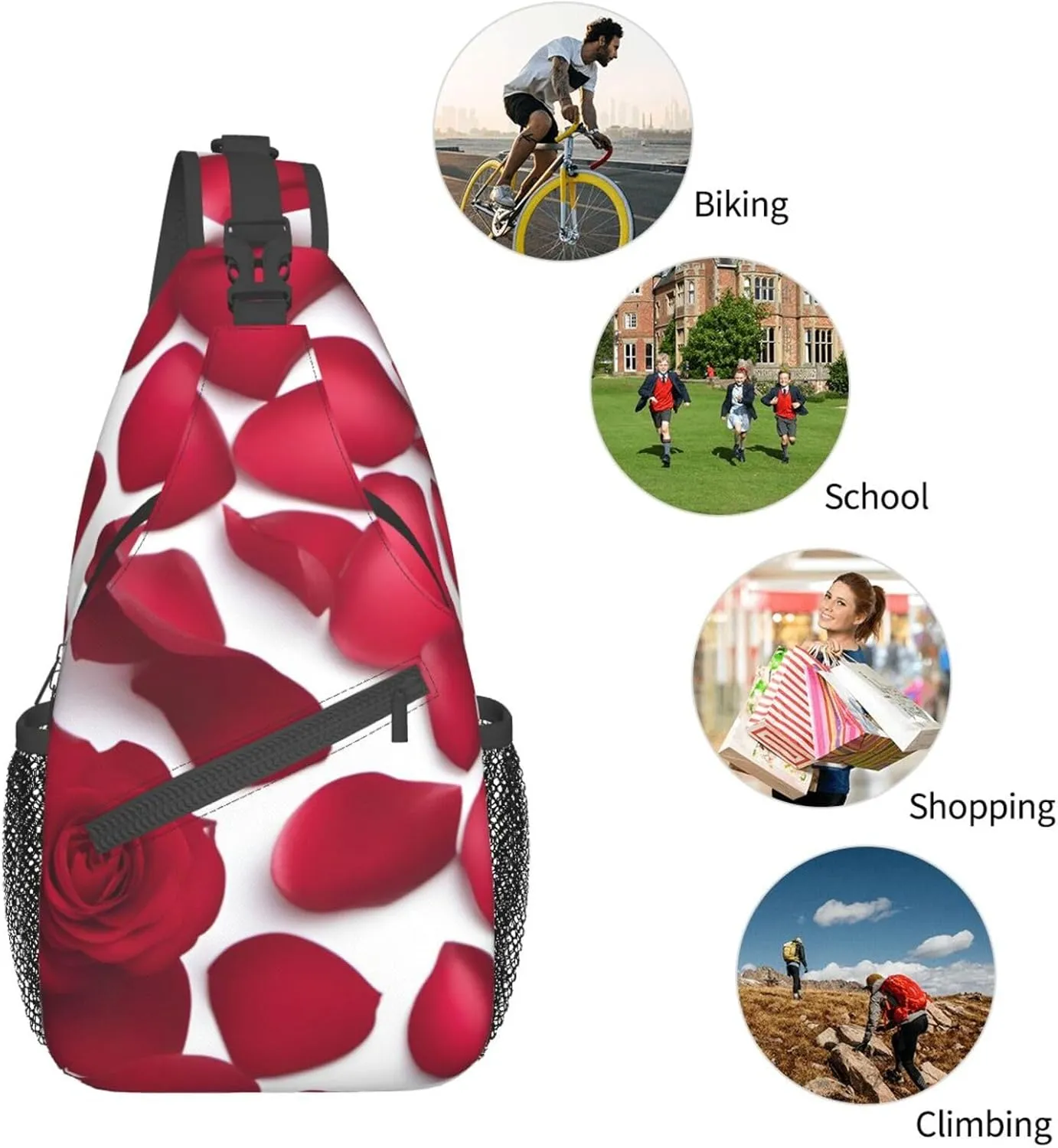 Red Rose Petals Shoulder Bag Crossbody Backpack Chest Bag Lightweight Sling Daypackstravel Hiking Cycling For Men Women