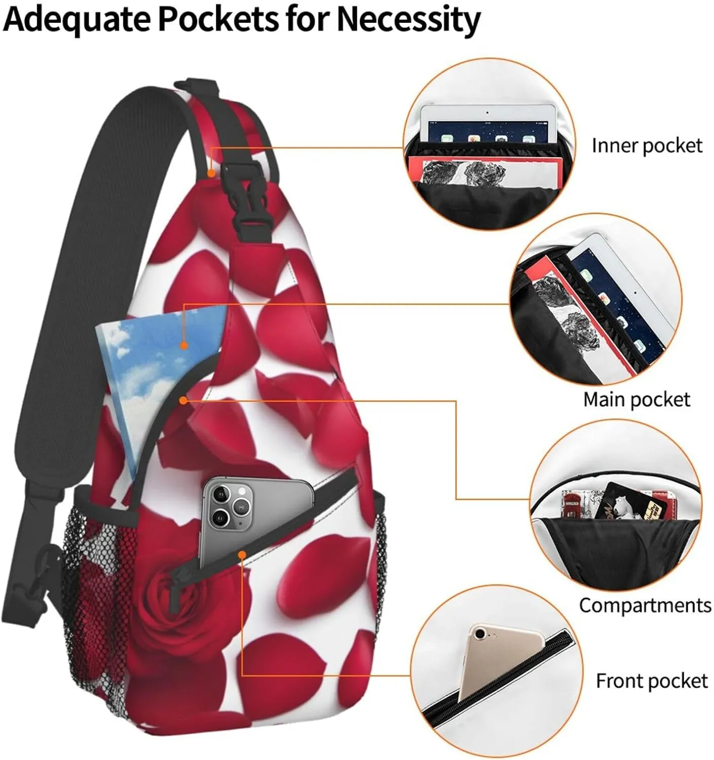 Red Rose Petals Shoulder Bag Crossbody Backpack Chest Bag Lightweight Sling Daypackstravel Hiking Cycling For Men Women
