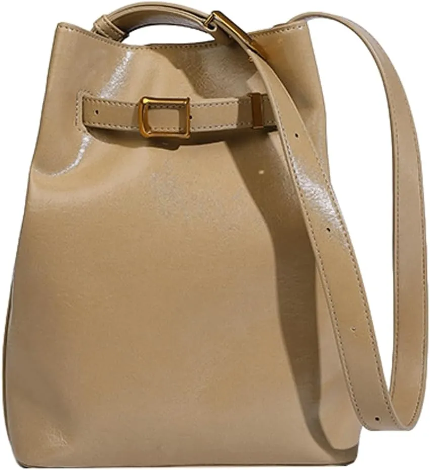 Retro Bucket Shoulder Bags for Women PU Leather Crossbody Purse Small Handbag Trendy Working Tote Satchel