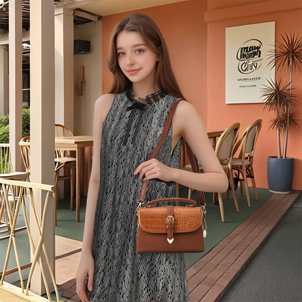 Retro Satchel Crossbody Handbags for Women, Trendy Crocodile Designer Leather Flap Top Handle Purses Shoulder Bag