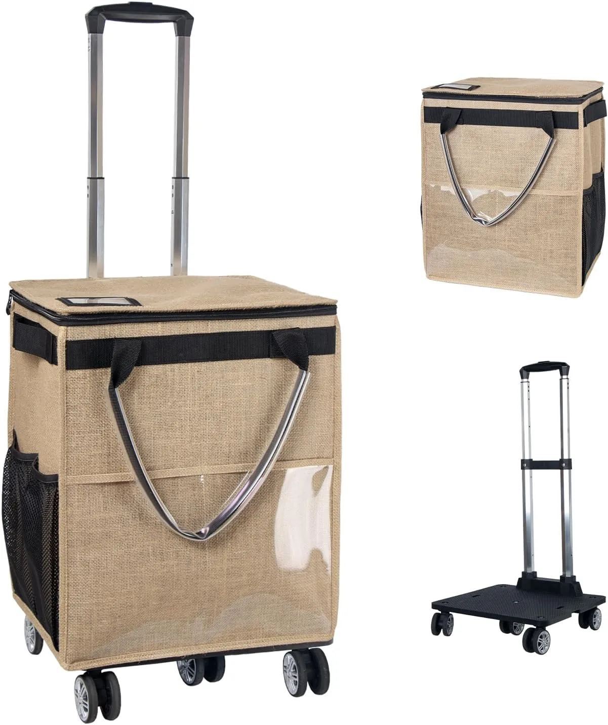 Reusable Grocery Bags on Wheels, Rolling Tote, Portable Shopping Cart for Groceries with Wheels and Drawstring Bag, Trolley, 54L, Foldable, Khaki