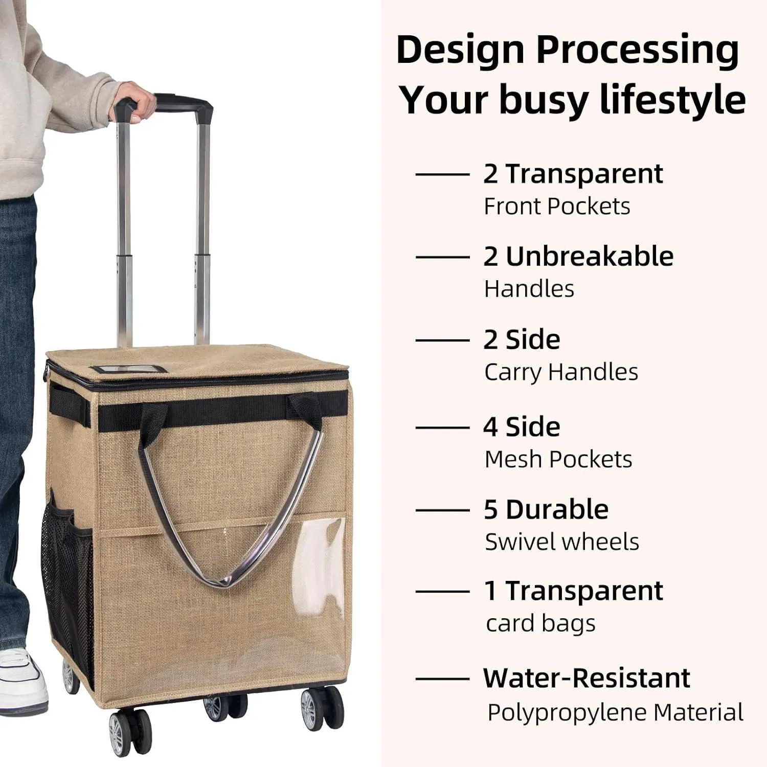 Reusable Grocery Bags on Wheels, Rolling Tote, Portable Shopping Cart for Groceries with Wheels and Drawstring Bag, Trolley, 54L, Foldable, Khaki