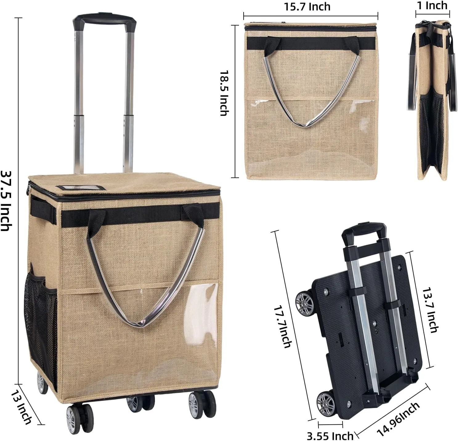 Reusable Grocery Bags on Wheels, Rolling Tote, Portable Shopping Cart for Groceries with Wheels and Drawstring Bag, Trolley, 54L, Foldable, Khaki