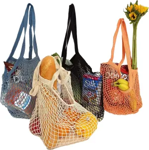 Reusable Long Handle Grocery Bags, Fruit and Vegetable Shoulder Bag, Washable Cotton Mesh String Organizer Shopping Handbags