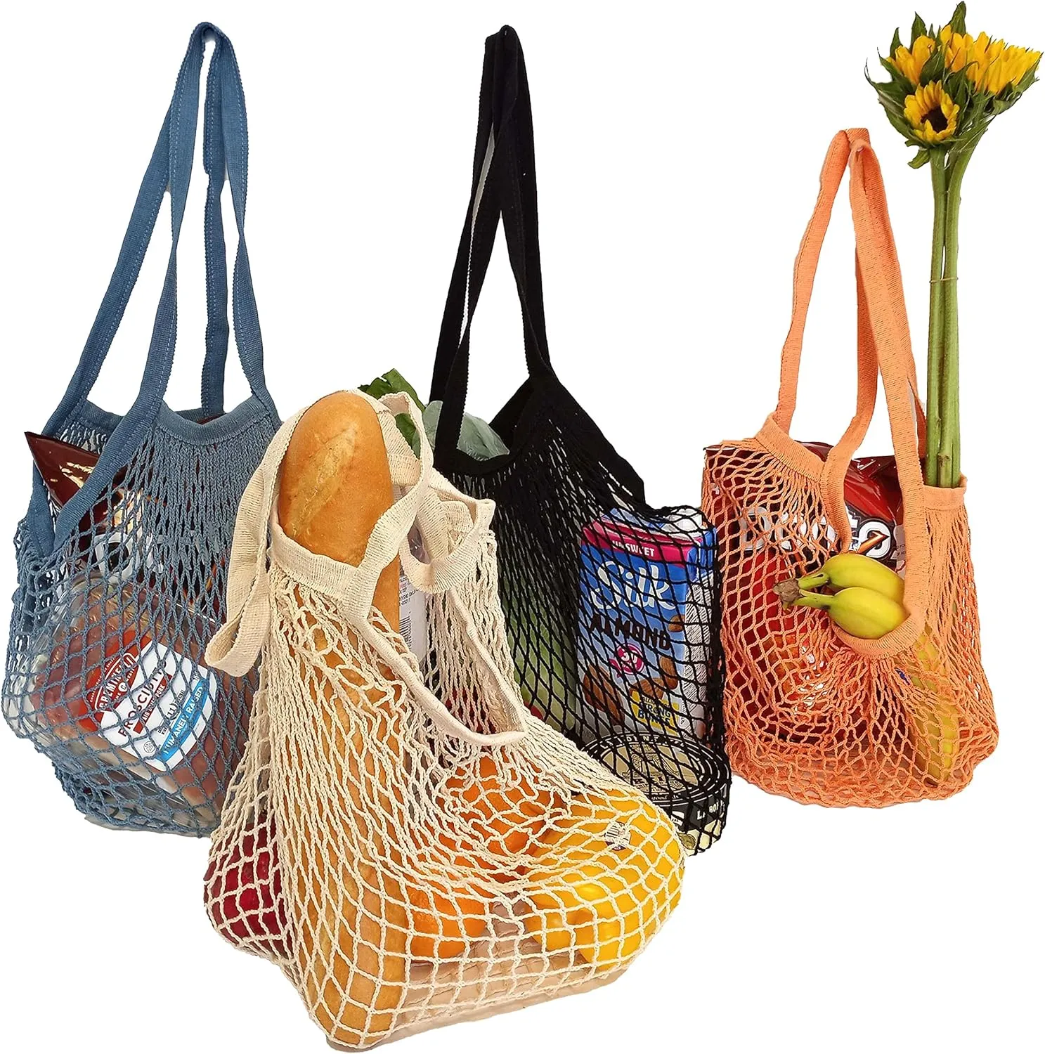 Reusable Long Handle Grocery Bags, Fruit and Vegetable Shoulder Bag, Washable Cotton Mesh String Organizer Shopping Handbags