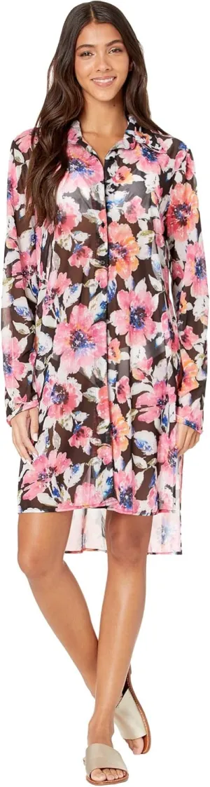 Riviera Blooms Long Front Tie Cover-Up Mesh Shirt